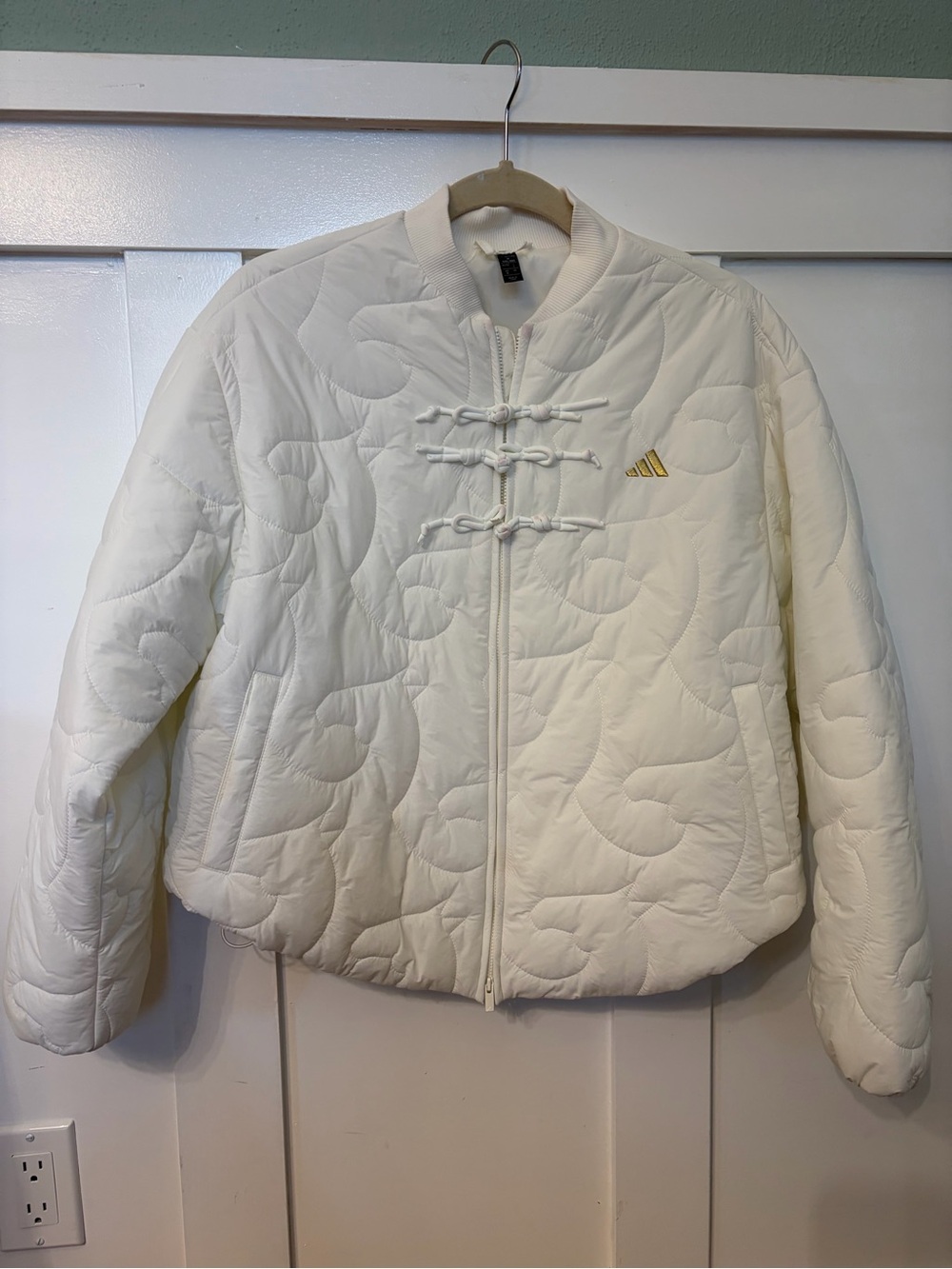 adidas Cream Quilted Puffer Jacket with Gold Logo